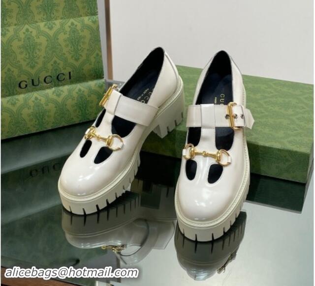 Durable Gucci Horsebit Shiny Leather Platform Loafers with Buckle White 814118