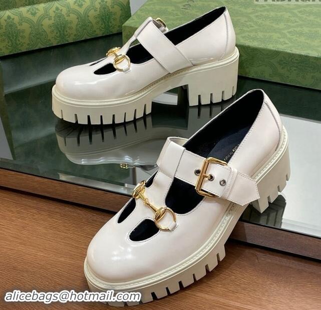 Durable Gucci Horsebit Shiny Leather Platform Loafers with Buckle White 814118