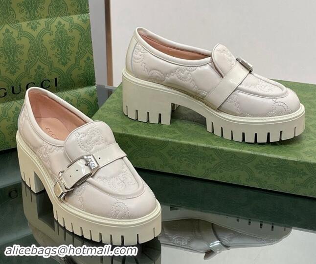 Good Quality Gucci GG Leather Platform Loafers with Buckle White 814119