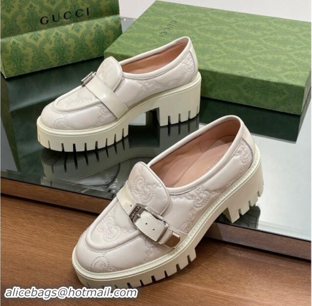 Good Quality Gucci GG Leather Platform Loafers with Buckle White 814119