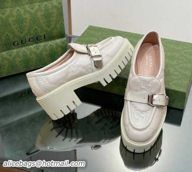 Good Quality Gucci GG Leather Platform Loafers with Buckle White 814119