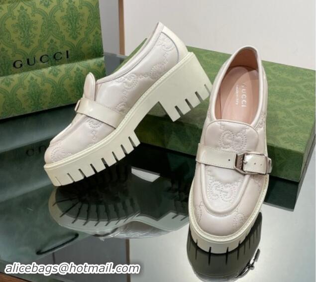 Good Quality Gucci GG Leather Platform Loafers with Buckle White 814119