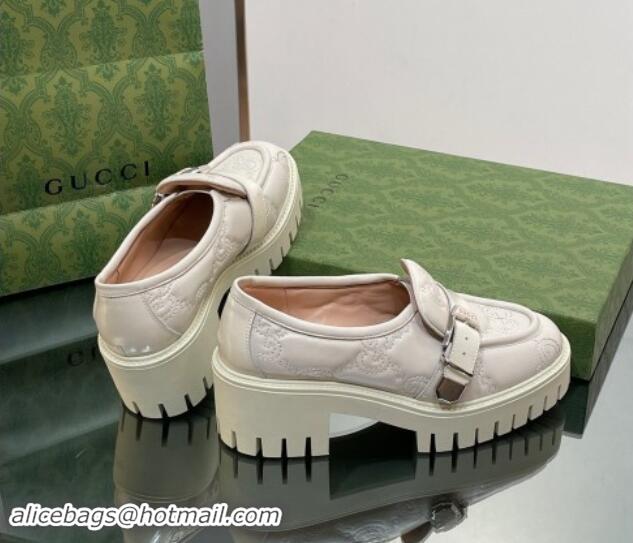 Good Quality Gucci GG Leather Platform Loafers with Buckle White 814119