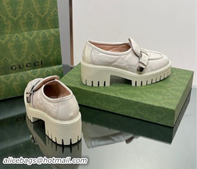 Good Quality Gucci GG Leather Platform Loafers with Buckle White 814119