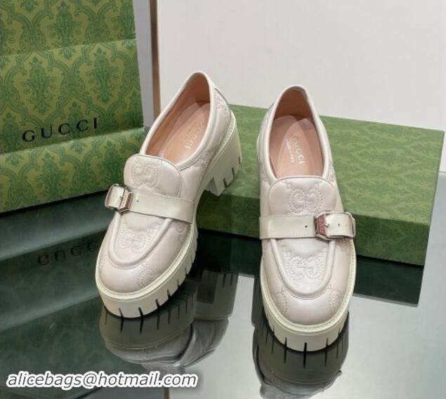 Good Quality Gucci GG Leather Platform Loafers with Buckle White 814119