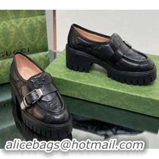 Good Looking Gucci GG Leather Platform Loafers with Buckle Black 814120