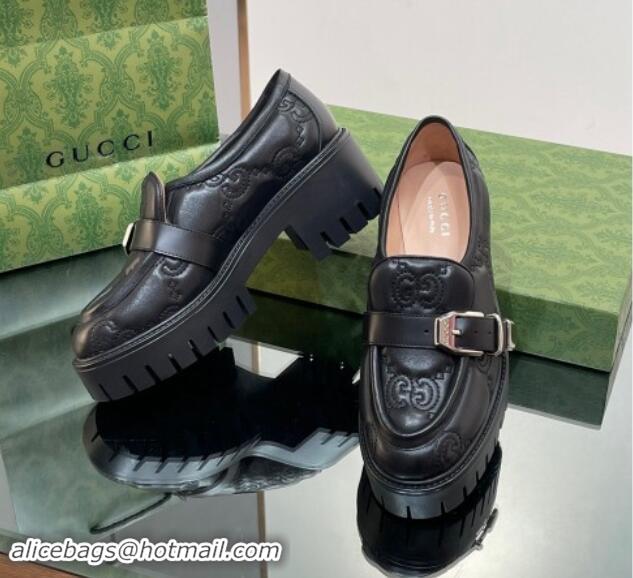 Good Looking Gucci GG Leather Platform Loafers with Buckle Black 814120