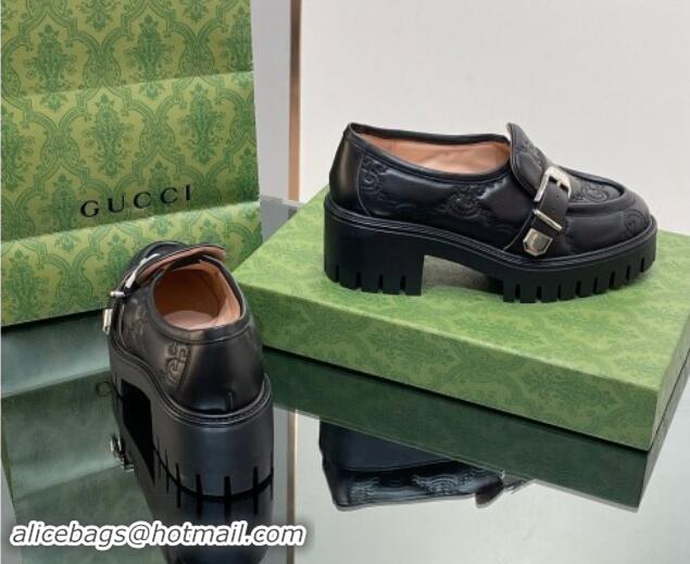 Good Looking Gucci GG Leather Platform Loafers with Buckle Black 814120