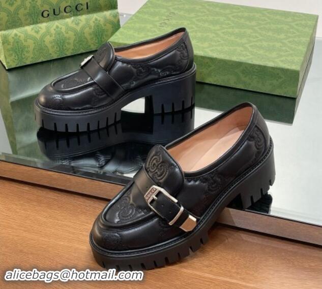 Good Looking Gucci GG Leather Platform Loafers with Buckle Black 814120