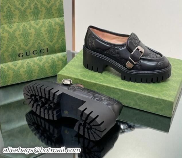 Good Looking Gucci GG Leather Platform Loafers with Buckle Black 814120