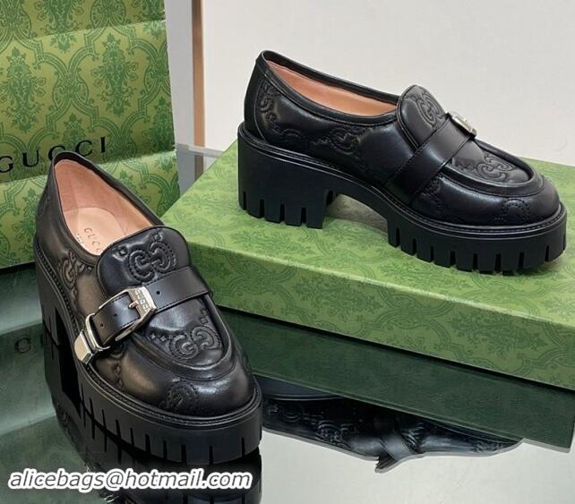 Good Looking Gucci GG Leather Platform Loafers with Buckle Black 814120