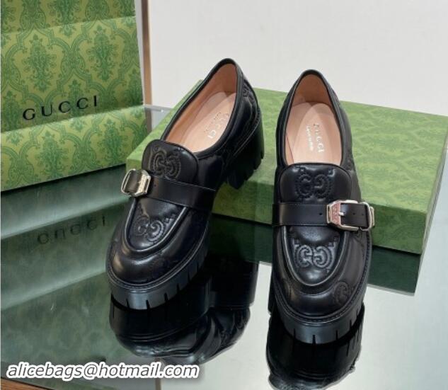 Good Looking Gucci GG Leather Platform Loafers with Buckle Black 814120