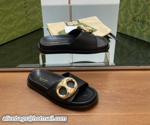 Perfect Gucci Marina Chain Leather Flat Slides Sandal Black 814121