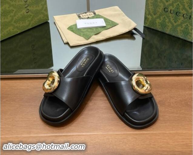 Perfect Gucci Marina Chain Leather Flat Slides Sandal Black 814121