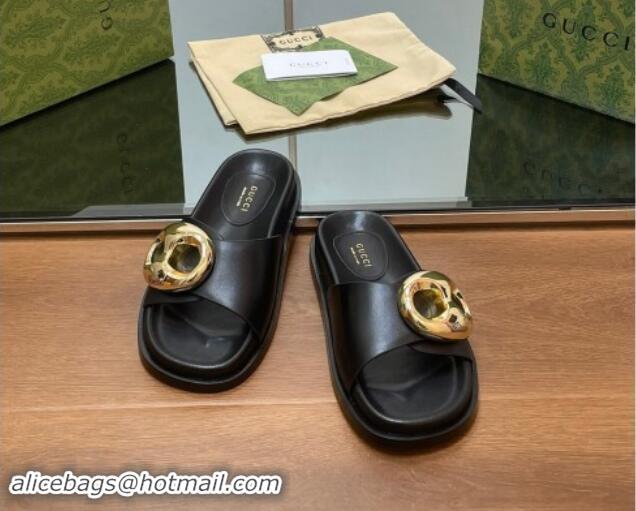 Perfect Gucci Marina Chain Leather Flat Slides Sandal Black 814121