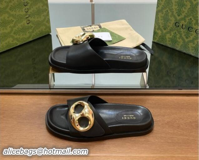 Perfect Gucci Marina Chain Leather Flat Slides Sandal Black 814121