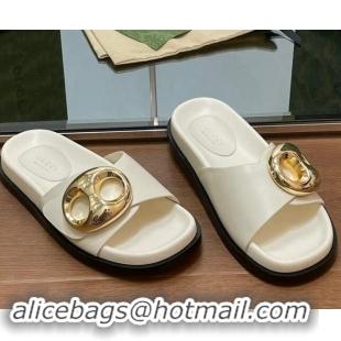 Purchase Gucci Marina Chain Leather Flat Slides Sandal White 814122