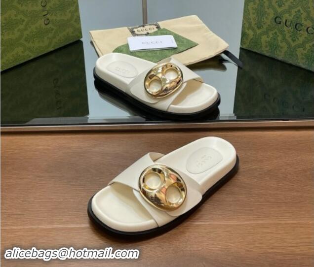 Purchase Gucci Marina Chain Leather Flat Slides Sandal White 814122