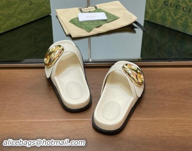 Purchase Gucci Marina Chain Leather Flat Slides Sandal White 814122