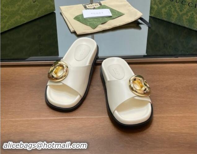 Purchase Gucci Marina Chain Leather Flat Slides Sandal White 814122