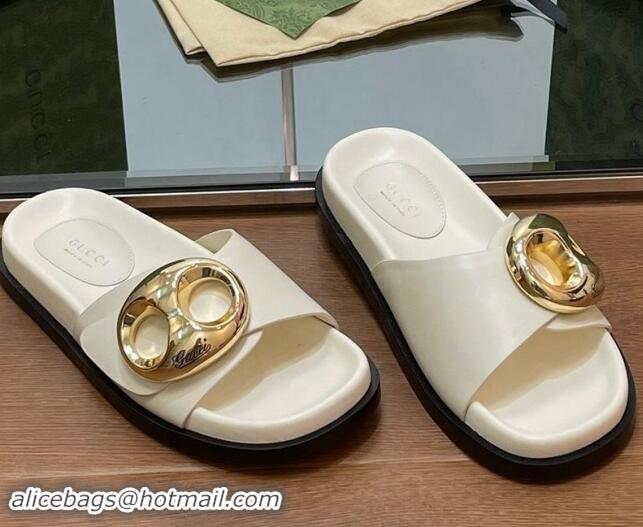 Purchase Gucci Marina Chain Leather Flat Slides Sandal White 814122