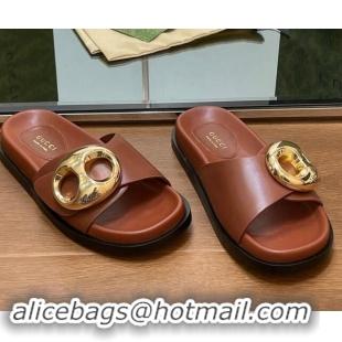 Best Grade Gucci Marina Chain Leather Flat Slides Sandal Brown 814123