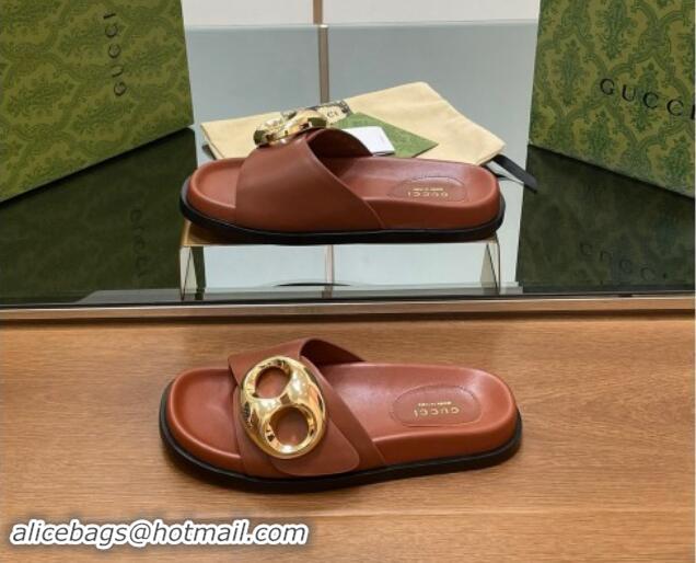 Best Grade Gucci Marina Chain Leather Flat Slides Sandal Brown 814123