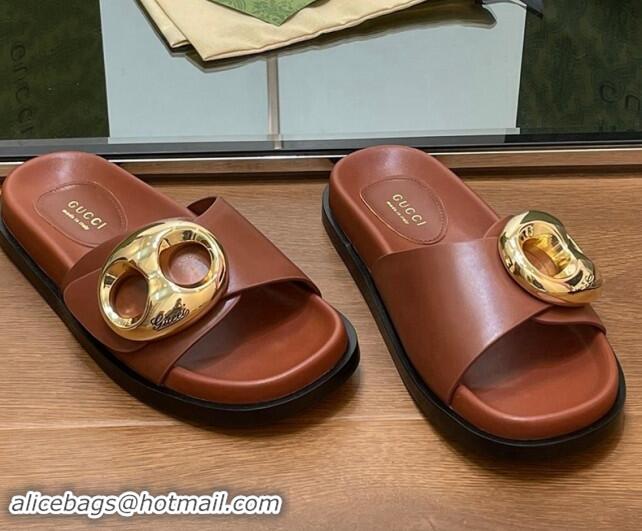 Best Grade Gucci Marina Chain Leather Flat Slides Sandal Brown 814123