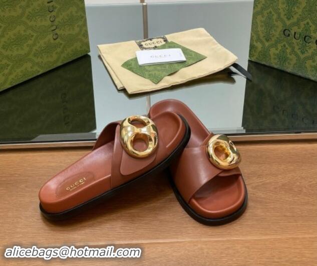 Best Grade Gucci Marina Chain Leather Flat Slides Sandal Brown 814123