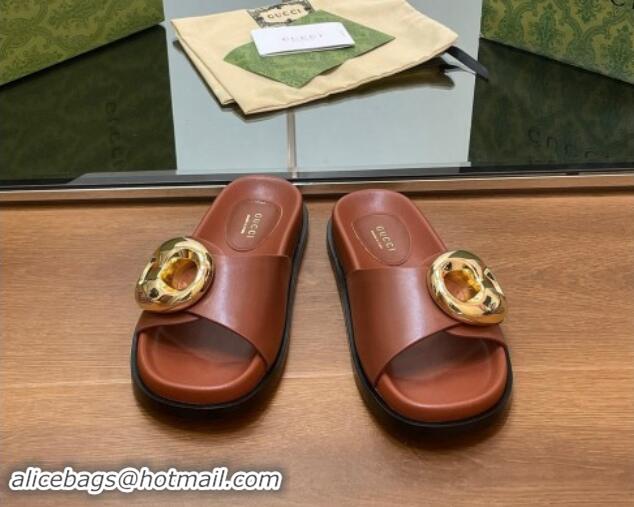 Best Grade Gucci Marina Chain Leather Flat Slides Sandal Brown 814123