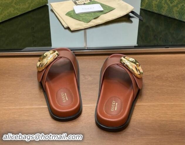 Best Grade Gucci Marina Chain Leather Flat Slides Sandal Brown 814123