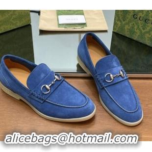 Unique Style Gucci Men's Horsebit Suede Loafers Blue 814125