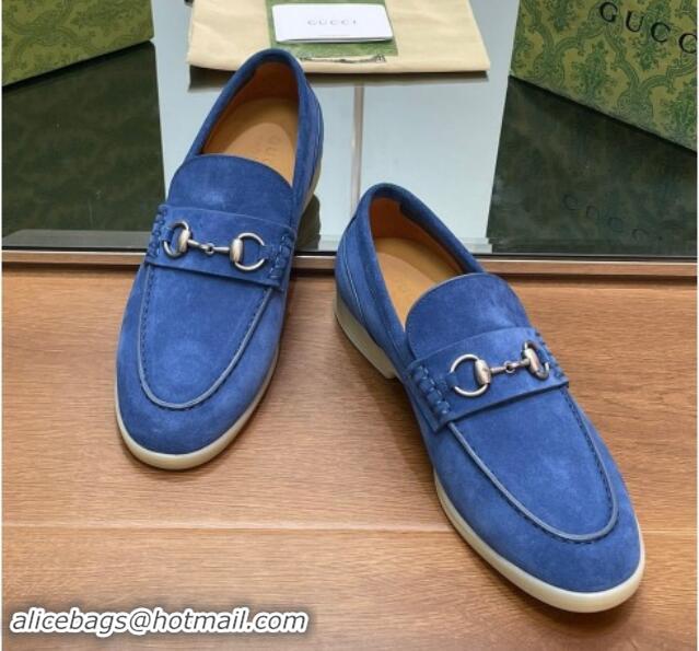 Unique Style Gucci Men's Horsebit Suede Loafers Blue 814125