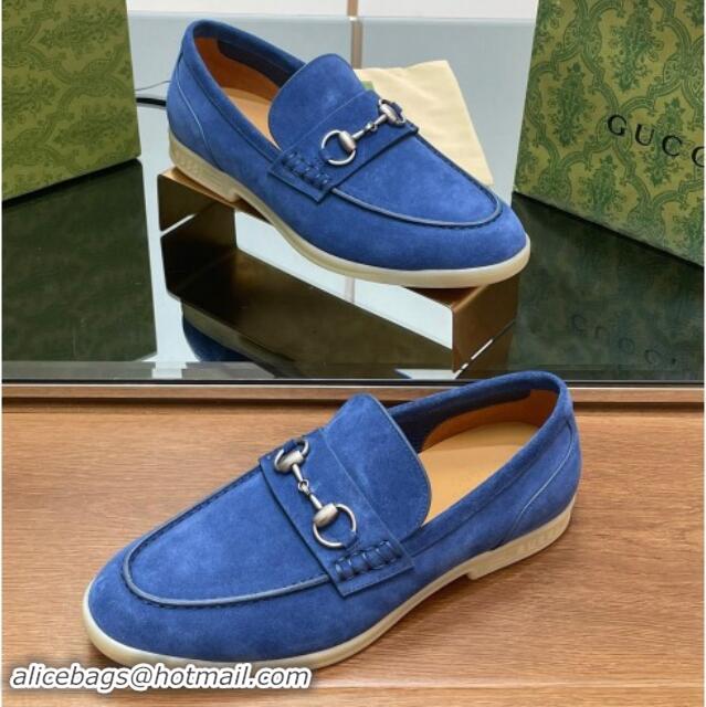 Unique Style Gucci Men's Horsebit Suede Loafers Blue 814125