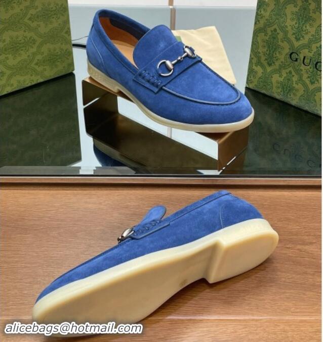 Unique Style Gucci Men's Horsebit Suede Loafers Blue 814125