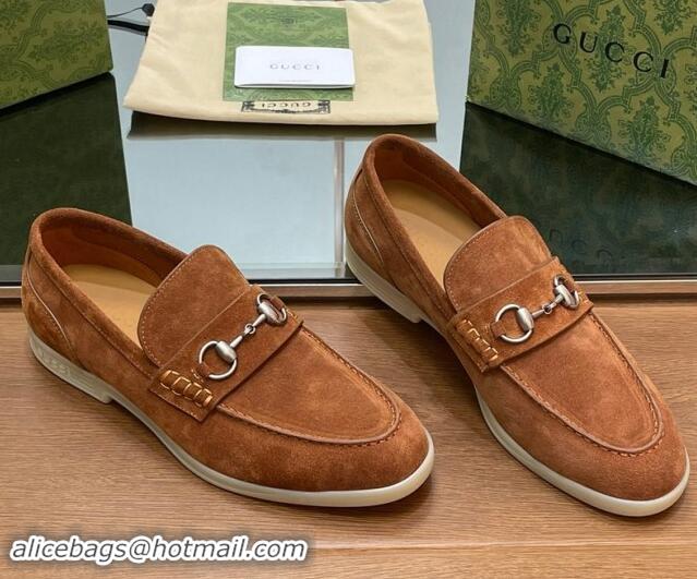 Good Product Gucci Men's Horsebit Suede Loafers Tan Brown 814127