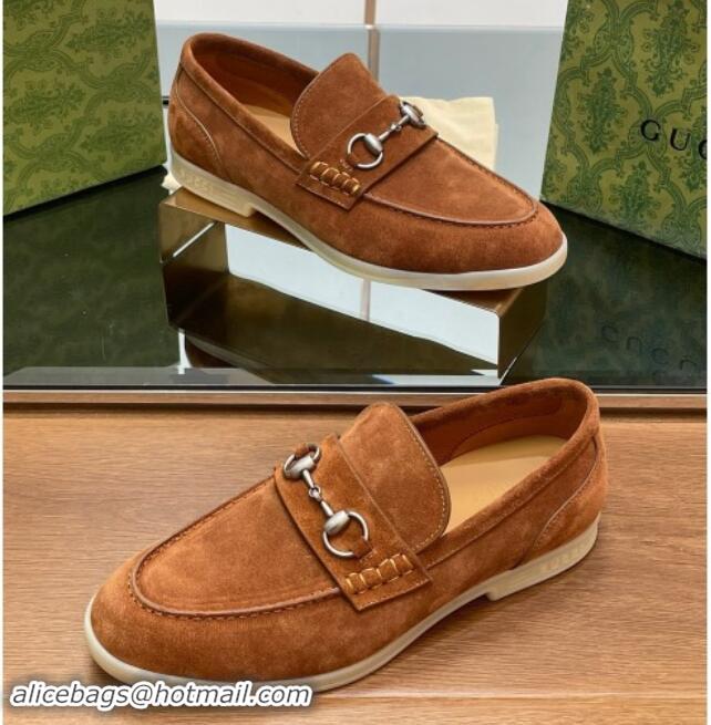 Good Product Gucci Men's Horsebit Suede Loafers Tan Brown 814127