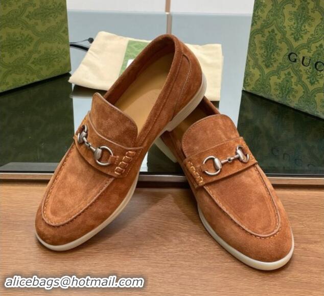 Good Product Gucci Men's Horsebit Suede Loafers Tan Brown 814127