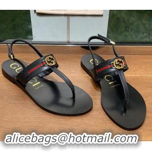 Best Price Gucci Interlocking G Web Leather Flat Thong Sandals Black 814131