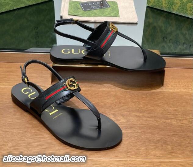 Best Price Gucci Interlocking G Web Leather Flat Thong Sandals Black 814131