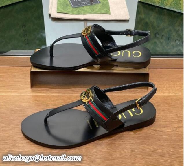 Best Price Gucci Interlocking G Web Leather Flat Thong Sandals Black 814131