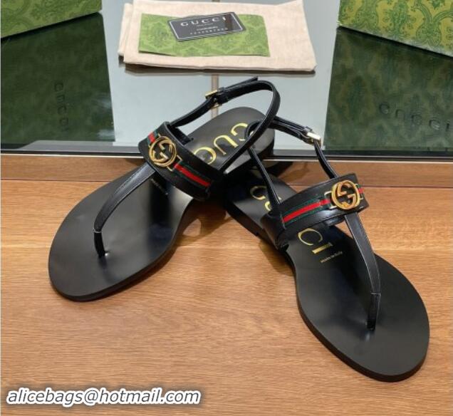 Best Price Gucci Interlocking G Web Leather Flat Thong Sandals Black 814131