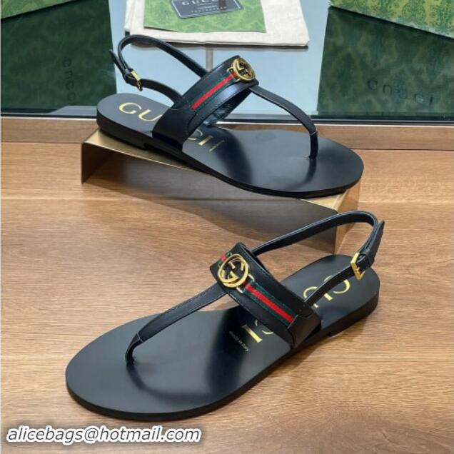 Best Price Gucci Interlocking G Web Leather Flat Thong Sandals Black 814131