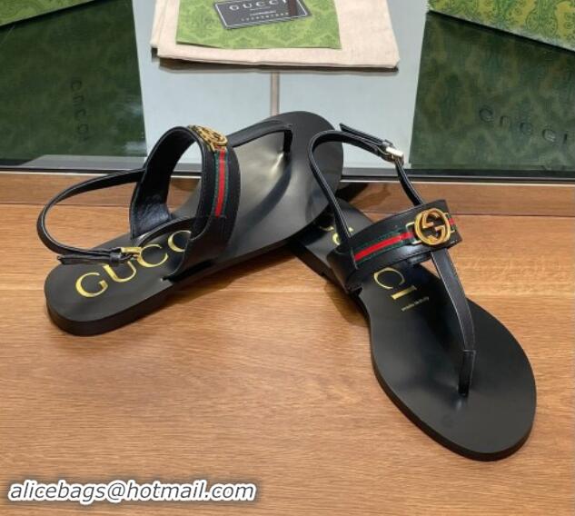 Best Price Gucci Interlocking G Web Leather Flat Thong Sandals Black 814131