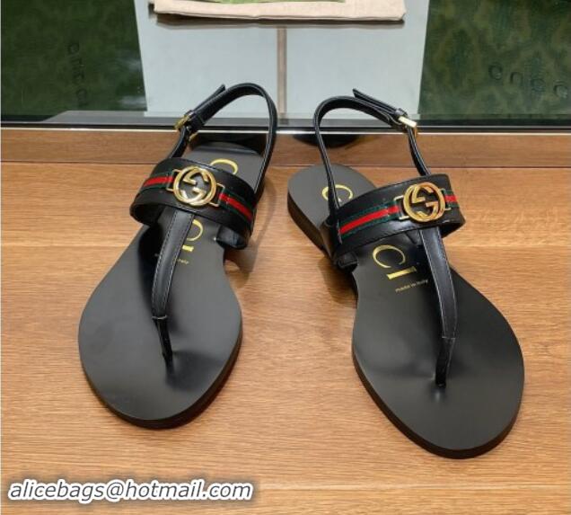 Best Price Gucci Interlocking G Web Leather Flat Thong Sandals Black 814131