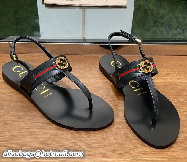 Best Price Gucci Interlocking G Web Leather Flat Thong Sandals Black 814131