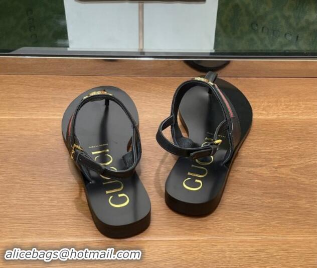 Best Price Gucci Interlocking G Web Leather Flat Thong Sandals Black 814131