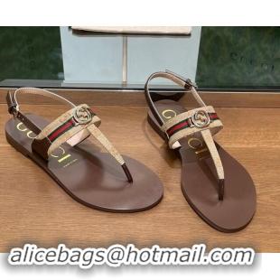 Best Product Gucci Interlocking G Web GG Canvas Flat Thong Sandals Beige 814132