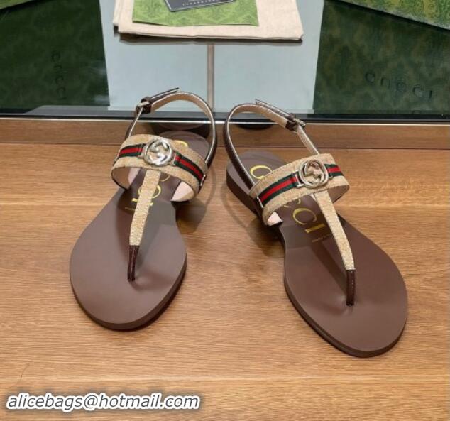 Best Product Gucci Interlocking G Web GG Canvas Flat Thong Sandals Beige 814132