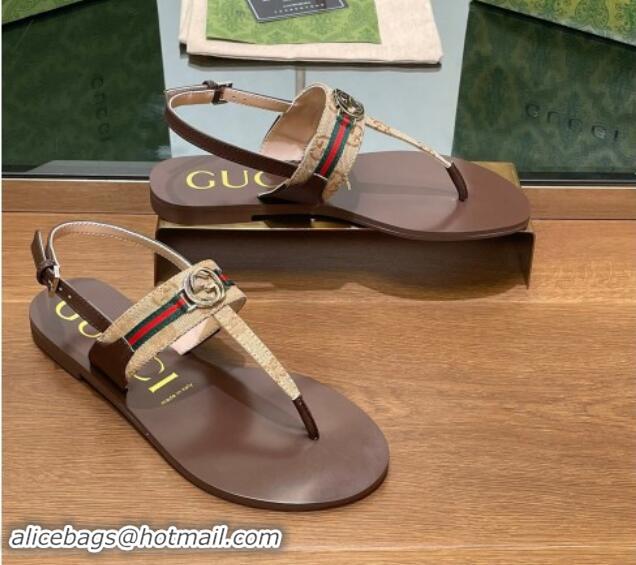 Best Product Gucci Interlocking G Web GG Canvas Flat Thong Sandals Beige 814132